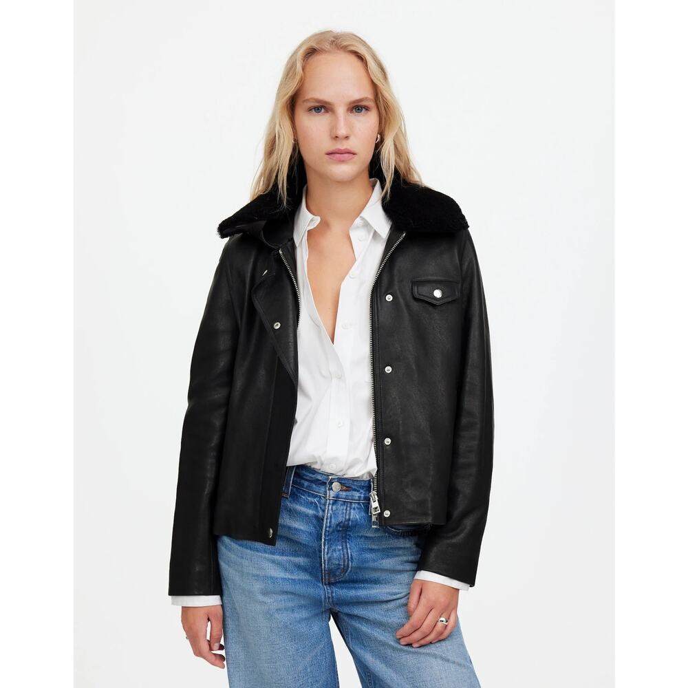 Madewell Women's Sherpa-Collar Asymmetric Zip-Front Jacket Leather Size XS NWT